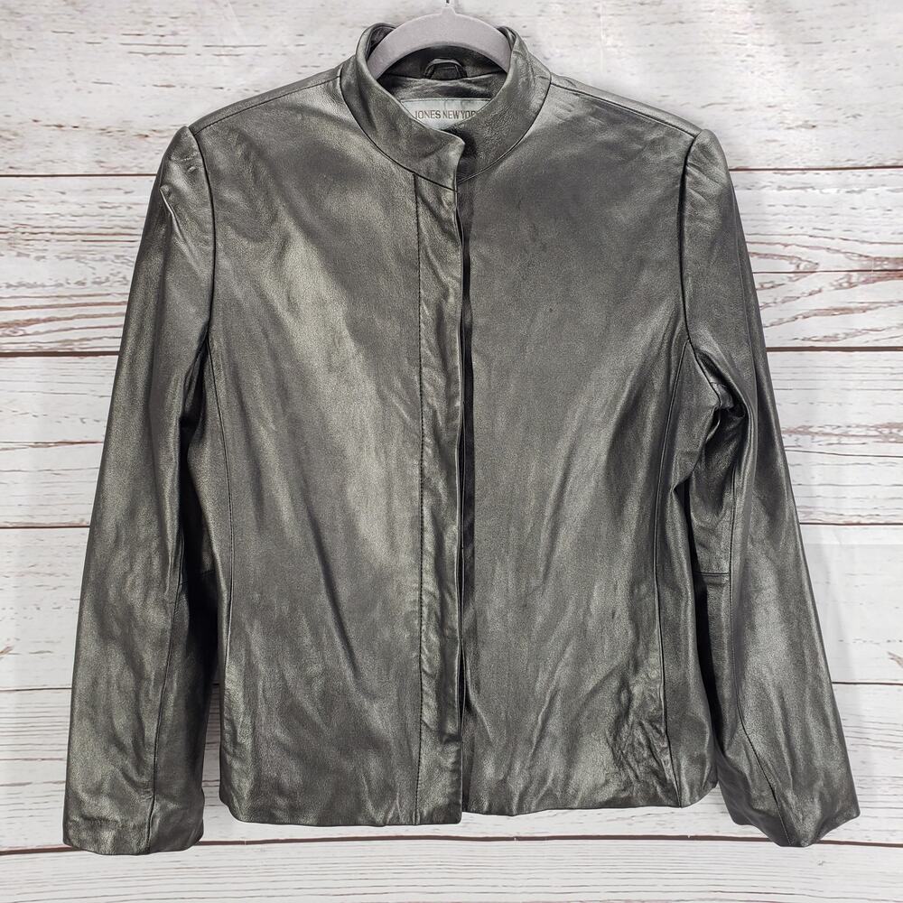 Jones New York Women's Gray Soft Leather Button Front Jacket Size 8